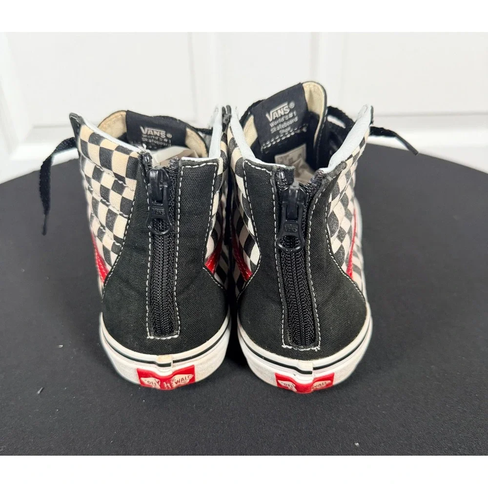 Vans Sk8-Hi Zip Kids 7.0 Checkerboard Black Red High Top Skate Shoes 721356